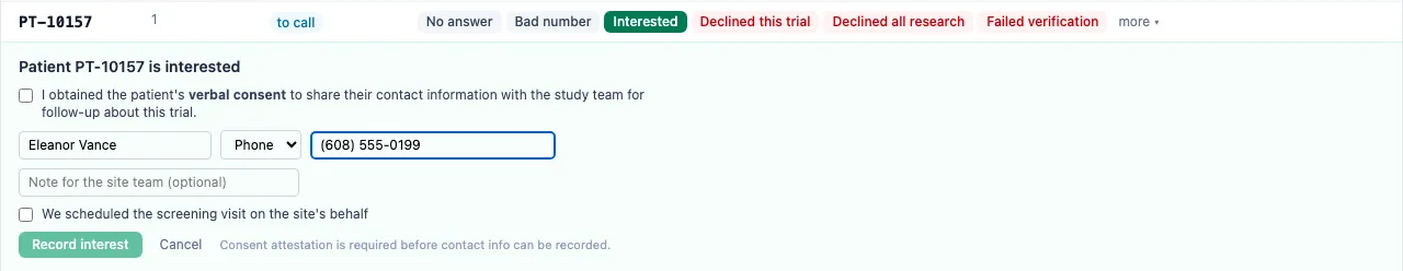 Consent capture in the call list: a required verbal-consent attestation checkbox, patient name and contact fields, and an optional screening-visit booking