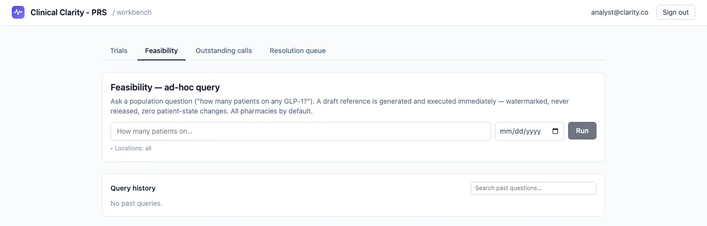 Feasibility mode: an ad-hoc population query box with saved query history