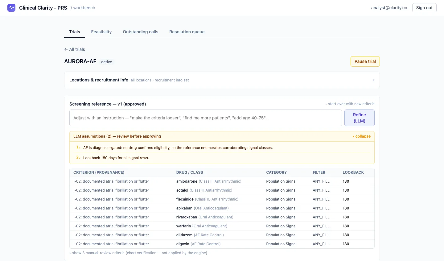 Clinical Clarity analyst workbench showing the AURORA-AF trial with its approved screening reference: drug rows grouped by signal class, each traced to a protocol criterion